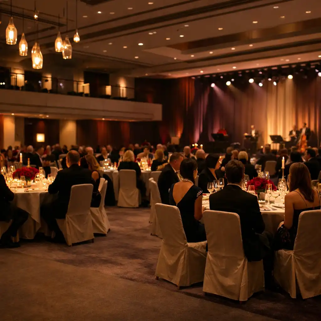 Formal gala room with warm light and dressed tables